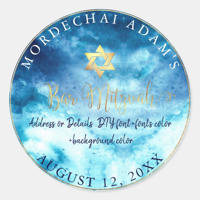 PixDezines Bar Mitzvah Aqua Blue Watercolor Classic Round Sticker (Front)