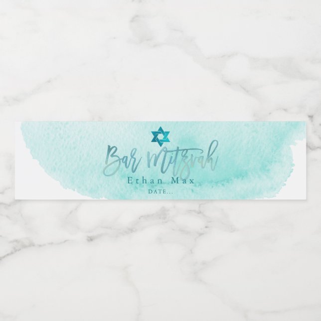 PixDezines Bar Mitzvah, Aqua Watercolor Water Bottle Label (Single Label)