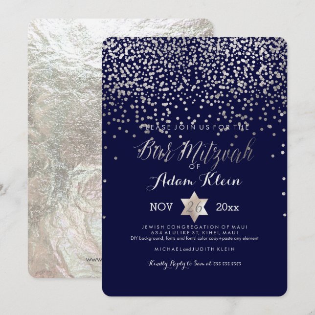 PixDezines Bar Mitzvah/Faux Silver Confetti Invitation (Front/Back)