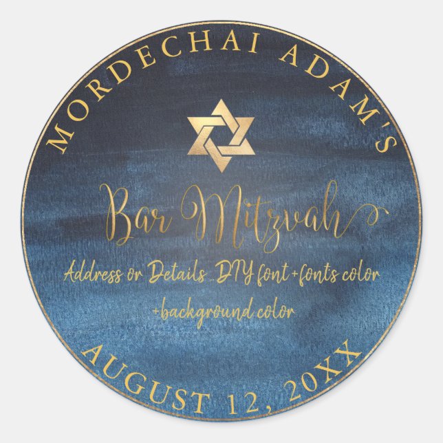 PixDezines Bar Mitzvah Navy Blue Watercolor Classic Round Sticker (Front)