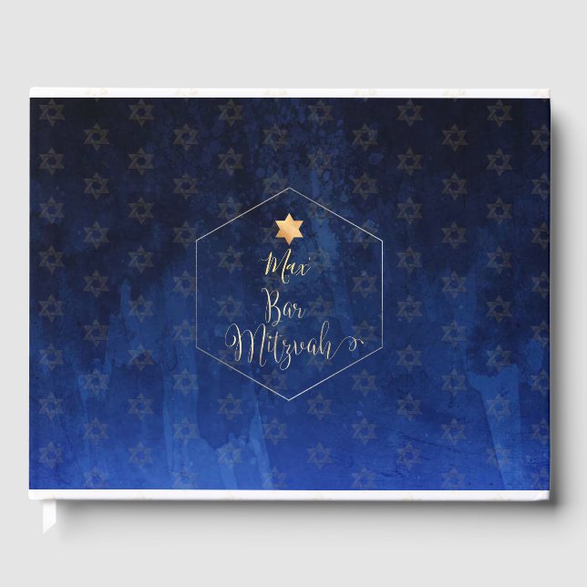 PixDezines Bar Mitzvah, Navy Blue Watercolor Guest Book (Front)