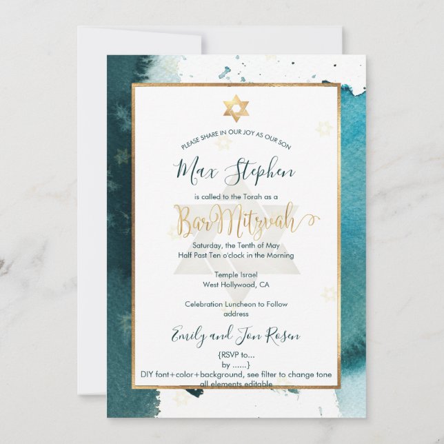 PixDezines Bar Mitzvah |Teal Green Watercolor Invitation (Back)