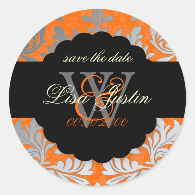 PixDezines Baroque Damask/Faux Silver+Orange Classic Round Sticker (Front)