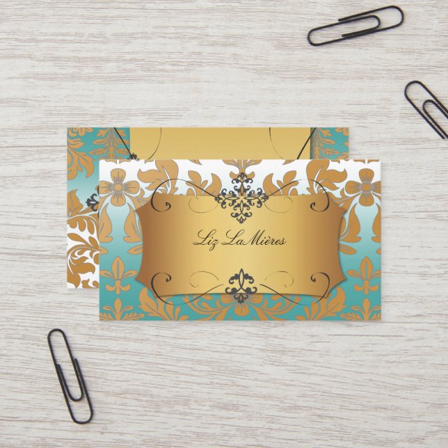 PixDezines Baroque damask/teal Business Card (Front/Back In Situ)