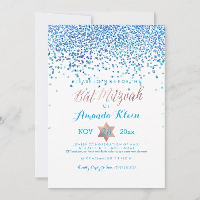 PixDezines Bat Mitzvah/Blue/Aqua/Teal/Confetti Invitation (Front)