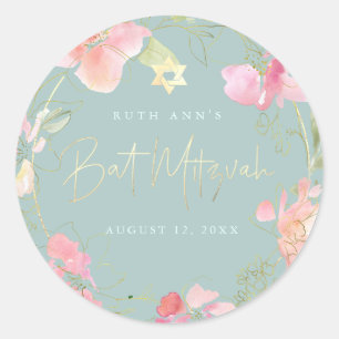 PixDezines Bat Mitzvah, Floral Watercolor, Blush Classic Round Sticker