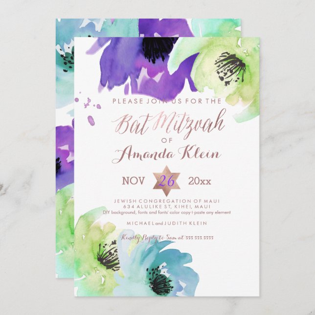PixDezines ✡ Bat Mitzvah/Floral Watercolor Invitation (Front/Back)