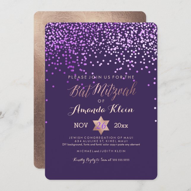 PixDezines Bat Mitzvah/Pink/Rose Gold/Confetti Invitation (Front/Back)