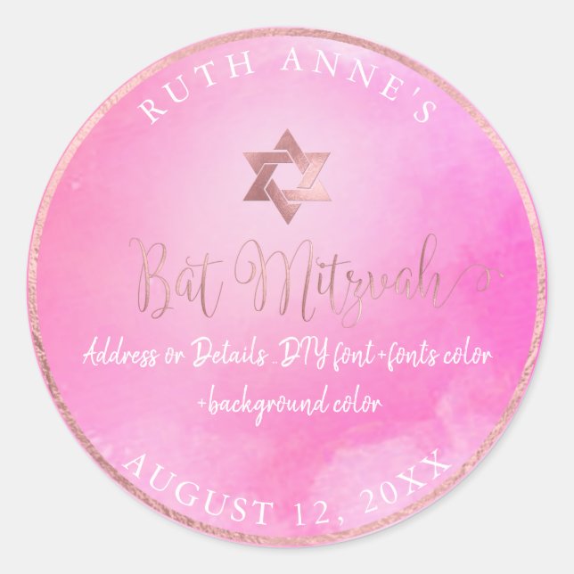 PixDezines Bat Mitzvah Pink Watercolor Classic Round Sticker (Front)