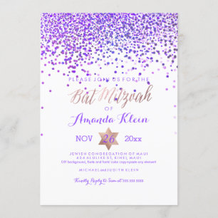 PixDezines Bat Mitzvah/Purple/Rose Gold/Confetti Invitation