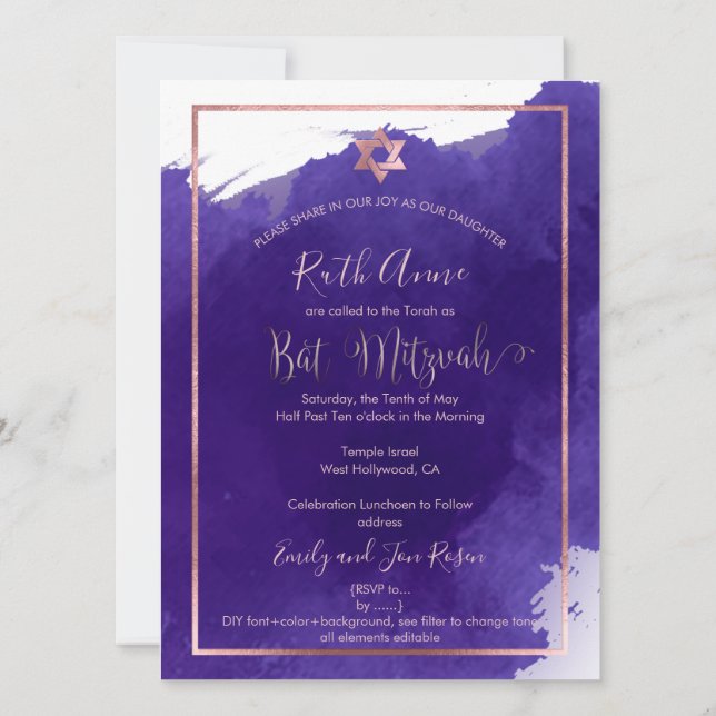 PixDezines Bat Mitzvah |Purple Watercolor Invitation (Back)
