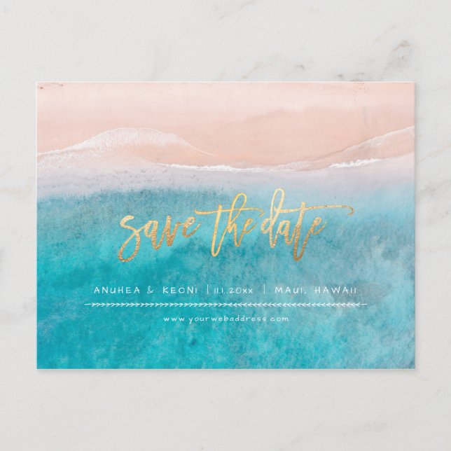 PixDezines Beach Faux Gold Modern Brush Script Announcement Postcard (Front)