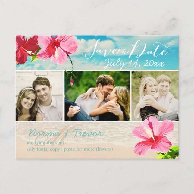 PixDezines beach+pink maui hibiscus save the date Announcement Postcard (Front)