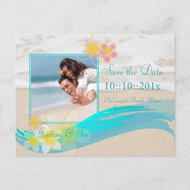 PixDezines beach+plumeria, save date/diy occasions Announcement Postcard (Front)