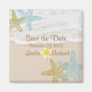 PixDezines beach,starfish+plumeria save the date Magnet