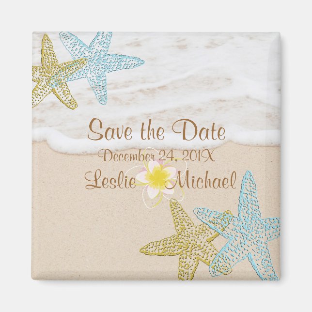 PixDezines beach,starfish+plumeria save the date Magnet (Front)