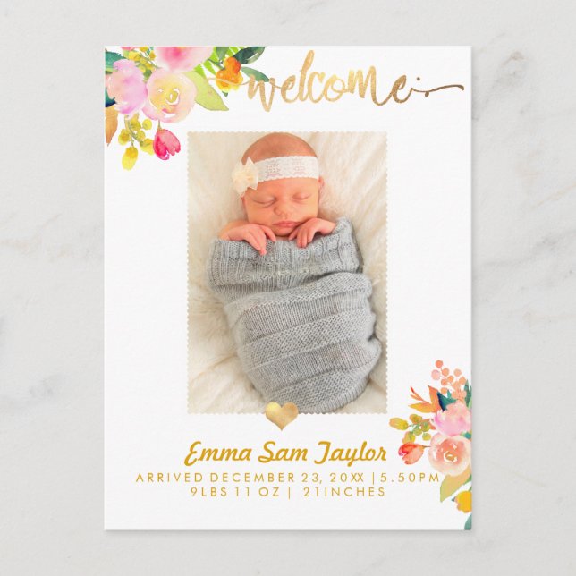 PixDezines Birth Announcement/Floral Watercolor Announcement Postcard (Front)