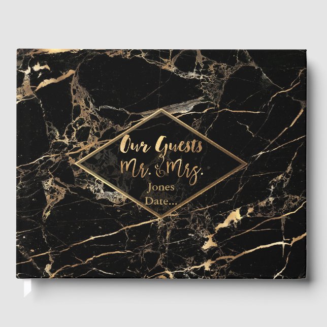 PixDezines BLACK MARBLE+FAUX GOLD VEINS Guest Book (Front)