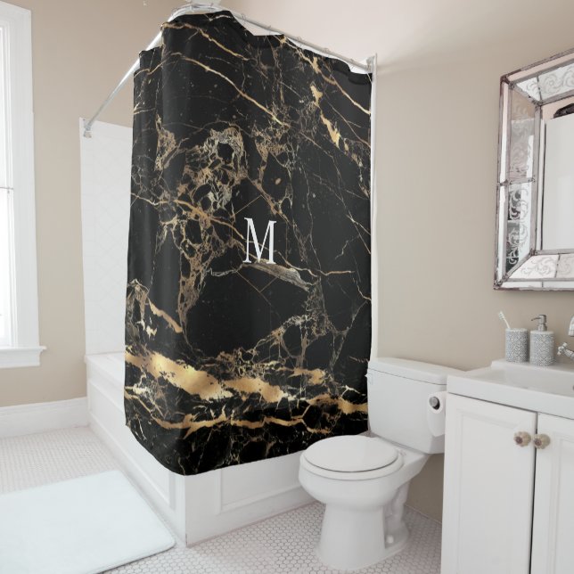 PixDezines BLACK MARBLE+FAUX GOLD VEINS Shower Curtain (In Situ)