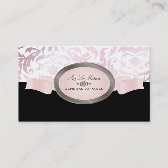 PixDezines Black, Pink, White Céline Damask Business Card (Front)