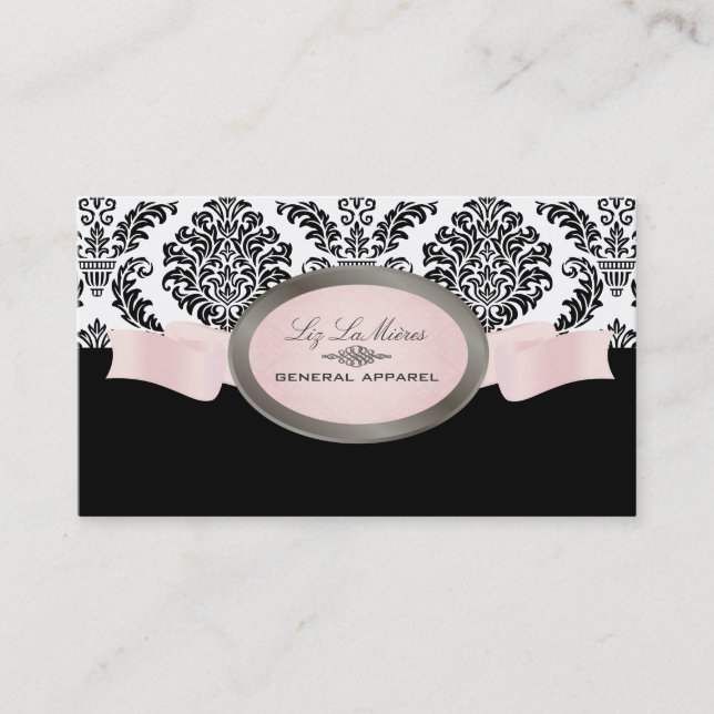 PixDezines Black, Pink, White Rossette Damask Business Card (Front)