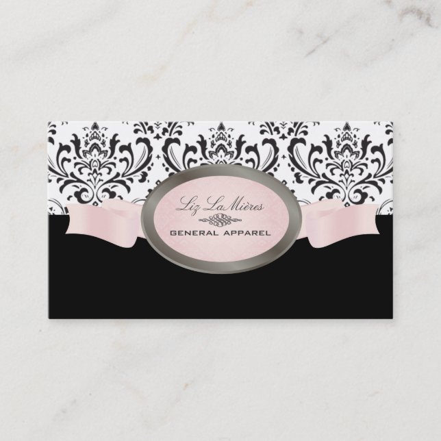 PixDezines Black, Pink, White Rossi Damask Business Card (Front)