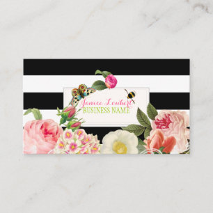 PixDezines black stripes primrose, peonies Business Card