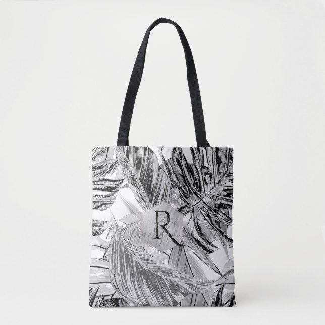 PixDezines Black+White Greenery, Tropical Monstera Tote Bag (Front)