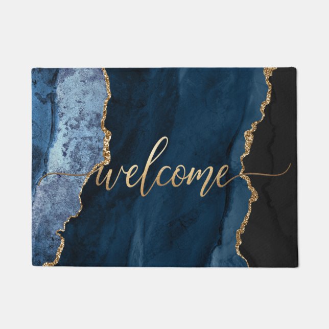 PixDezines BLUE AGATE FAUX GOLD VEINS, WELCOME Doormat (Front)