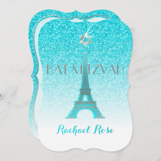 PixDezines Blue Faux Glitter Eiffel Tower/Mitzvah Invitation (Front/Back)