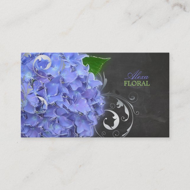 PixDezines blue hydrangeas, florists/chalkboard Business Card (Front)