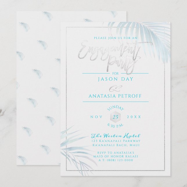 PixDezines Blue+Silver Palms, Engagement Party Invitation (Front/Back)