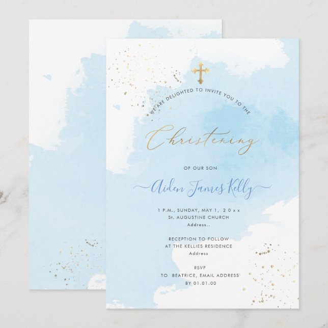 PixDezines Blue Watercolor Confetti Christening Invitation (Front/Back)