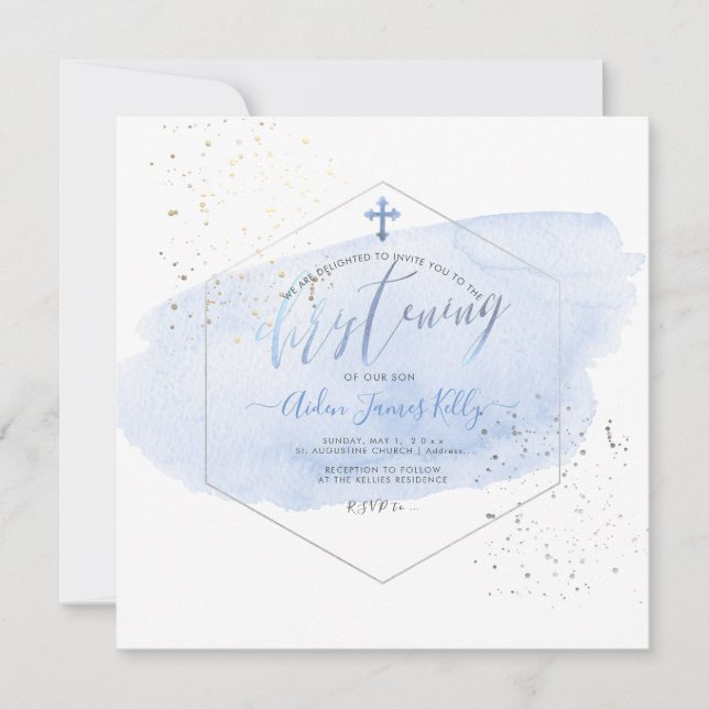 PixDezines Blue Watercolor+Honeycomb Christening Invitation (Front)