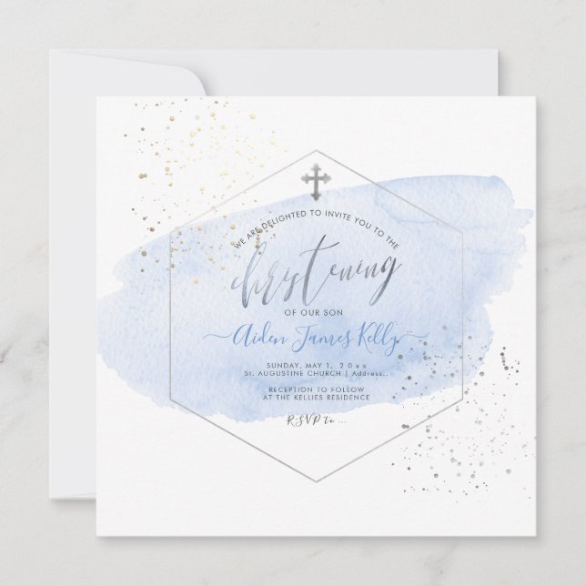 PixDezines Blue Watercolor+Honeycomb Christening Invitation (Front)