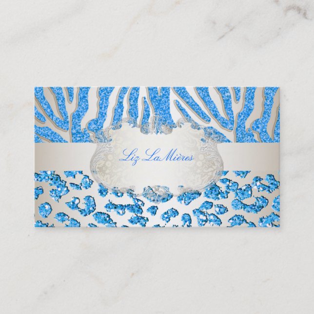 PixDezines blue zebra/leopard/champagne Business Card (Front)