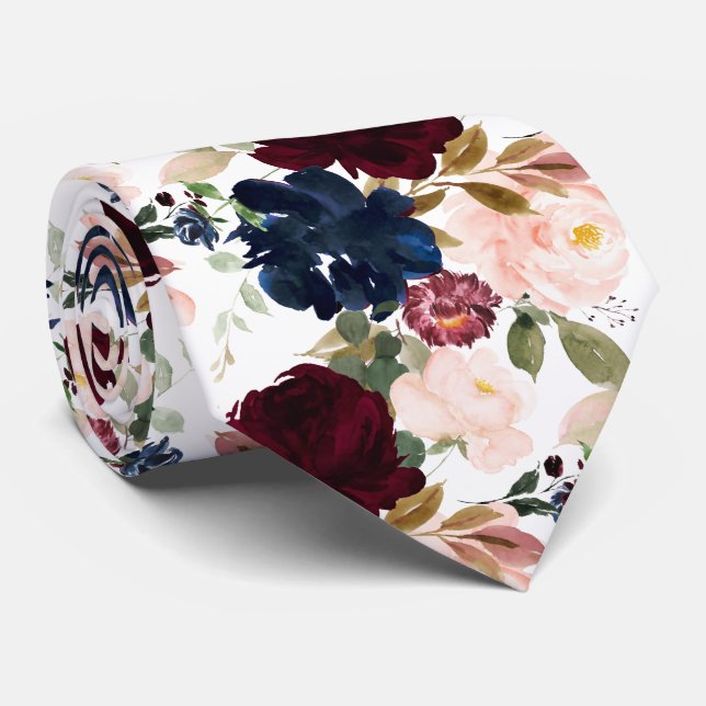 PixDezines Blush Burgundy Navy H2 Flowers Tie (Rolled)