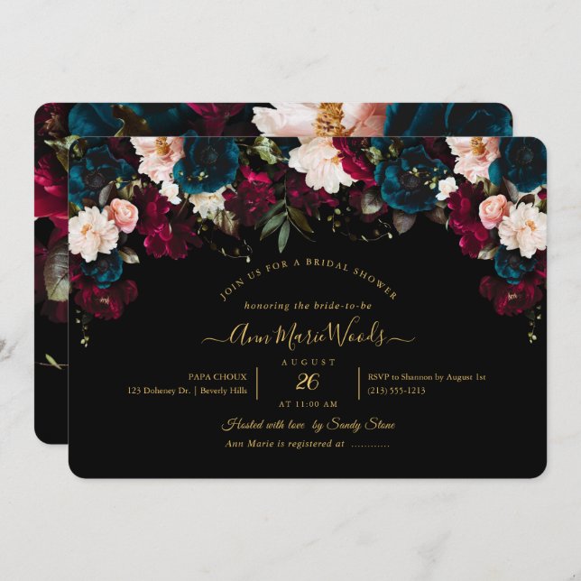 PixDezines Blush Burgundy Teal Bridal Shower Invit Invitation (Front/Back)