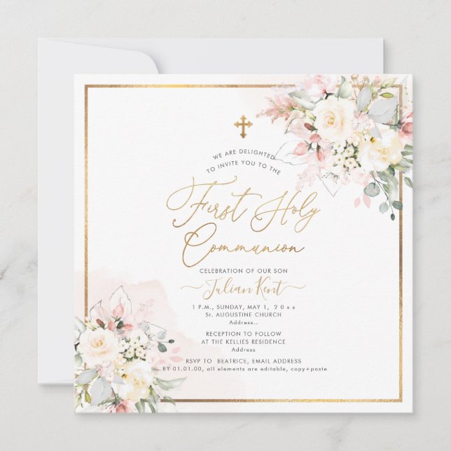 PixDezines Blush Cream Roses First Holy Communion Invitation (Front)
