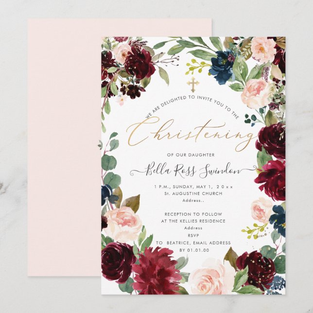 PixDezines Blush FlowersWatercolor Christening Invitation (Front/Back)