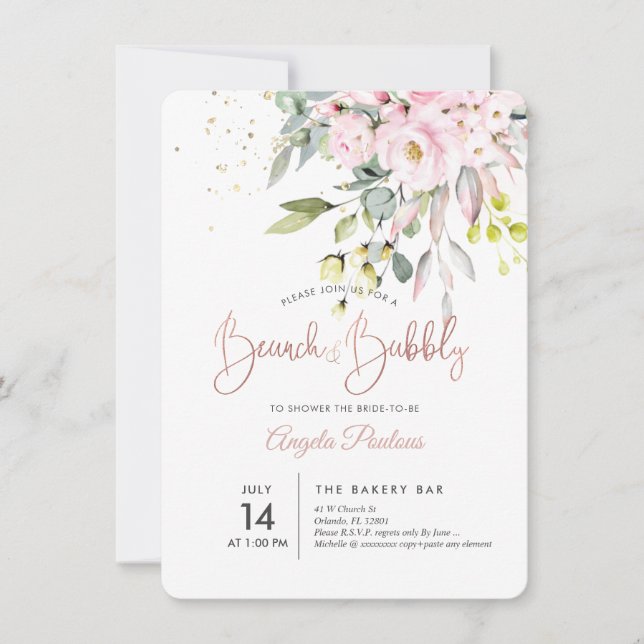 PixDezines Blush Gum Eucalyptus Brunch+Bubbly Invitation (Front)
