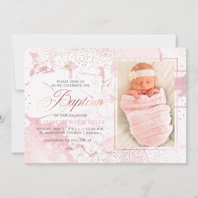 PixDezines Blush Marble+Confetti/Baptism Invitation (Front)