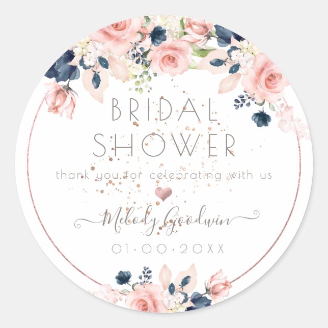 PixDezines Blush Navy Watercolor  Flowers Classic Round Sticker (Front)