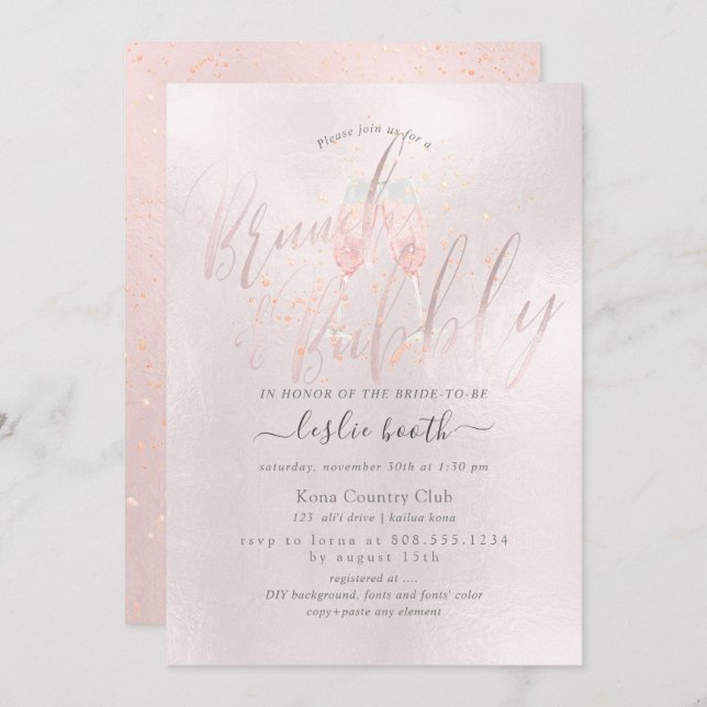 PixDezines Blush Pink Champagne Brunch+Bubbly Invitation (Front/Back)