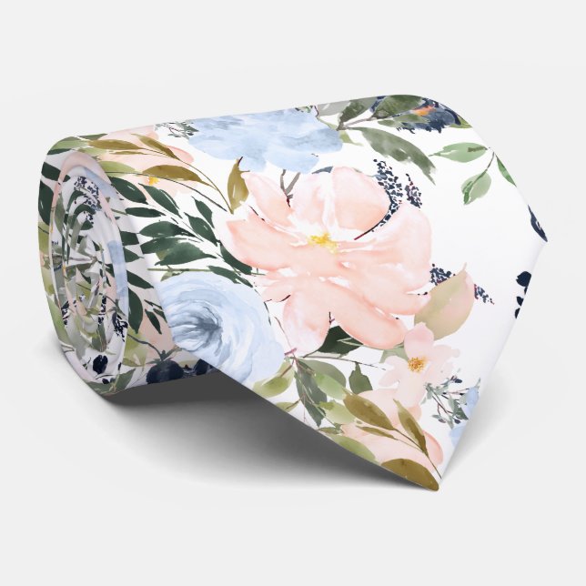 PixDezines Blush Pink Ice Blue Watercolor Flowers Tie (Rolled)