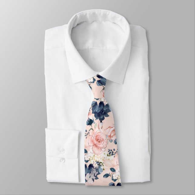 PixDezines Blush Pink Ice Blue Watercolor Flowers Tie (Tied)