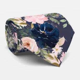 PixDezines Blush Pink Navy Blue Watercolor Flowers Tie