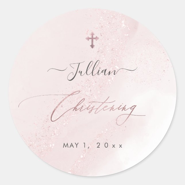PixDezines Blush Pink Rose Gold Christening Classic Round Sticker (Front)