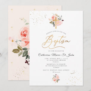 PixDezines Blush Pink Watercolor Roses Baptism Invitation