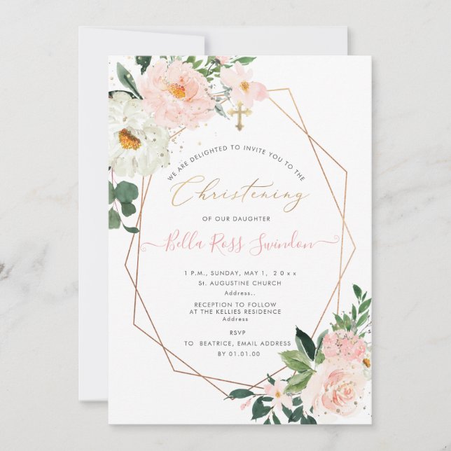 PixDezines Blush Watercolor Flowers Christening Invitation (Front)